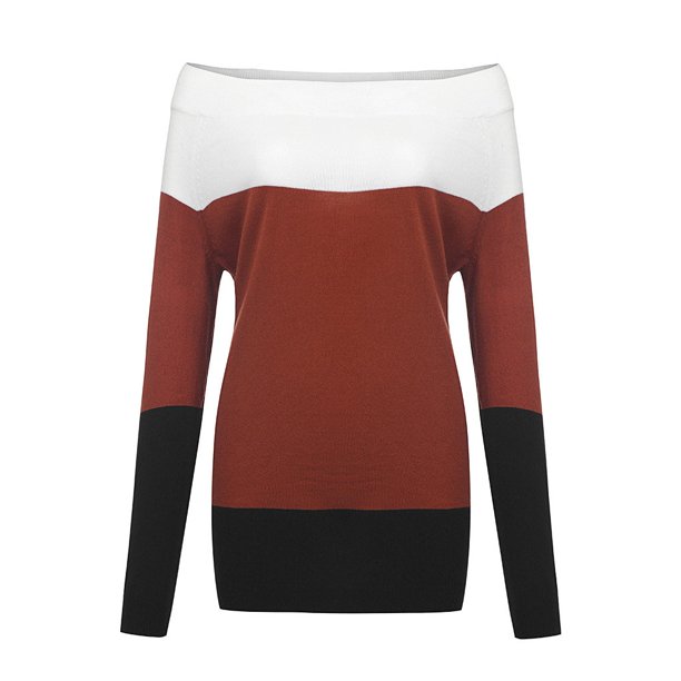 Gibobby Sueteres Para Mujeres Calientitos Fashion Women Stripes Patchwork Strapless Long Sleeves Tops Pullover Sweater(Marrón,XG)