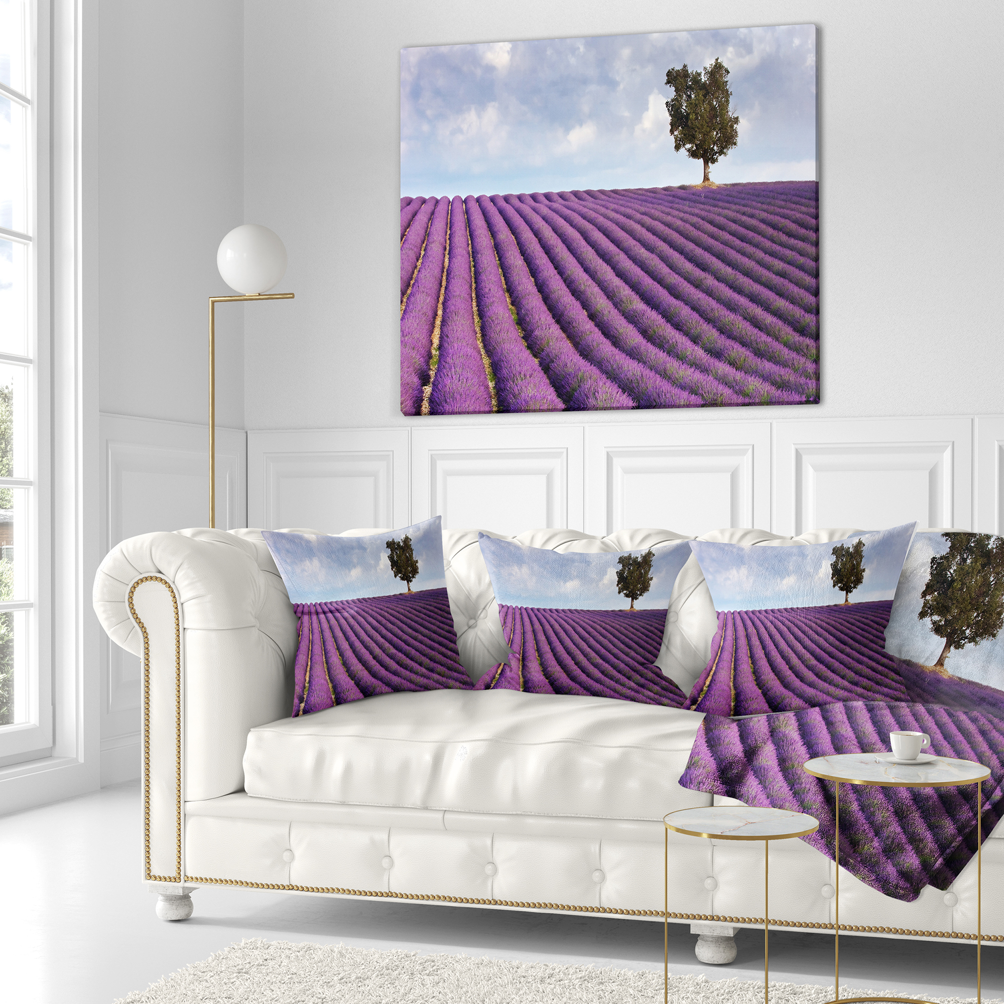 Designart Lone Tree in Provence Lavender Field - Landscape Printed Throw Pillow - 18x18