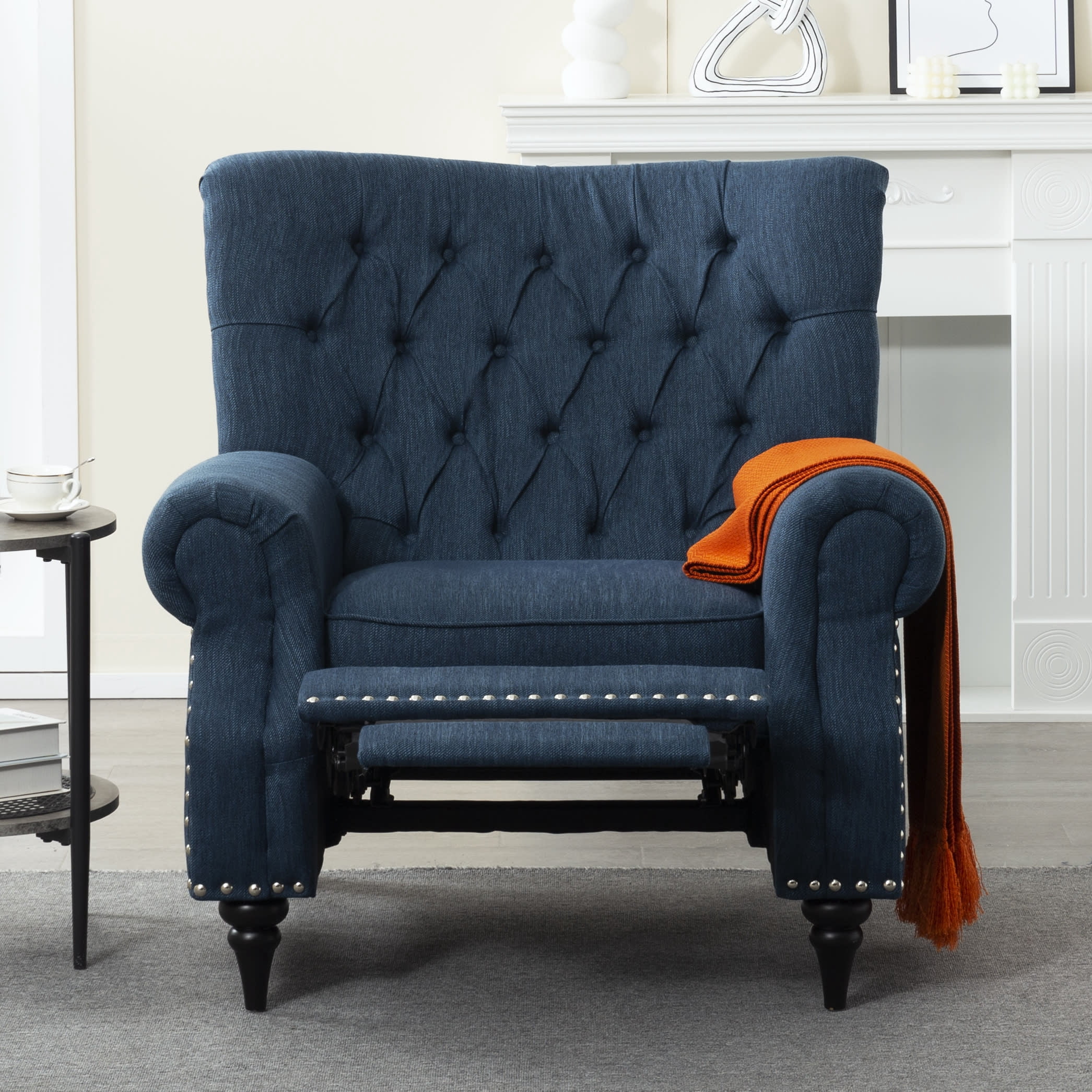 Gewnee 38.58” Manual Push Back Recliner Linen Fabric for Living Room Office Bedroom Blue