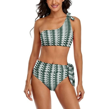 Aesthetic Grey Green And White Ripple One Shoulder Bowknot Swimsuit Two Piece Swimsuit Knot Crop Top Bikini High Waisted Bathing Suit