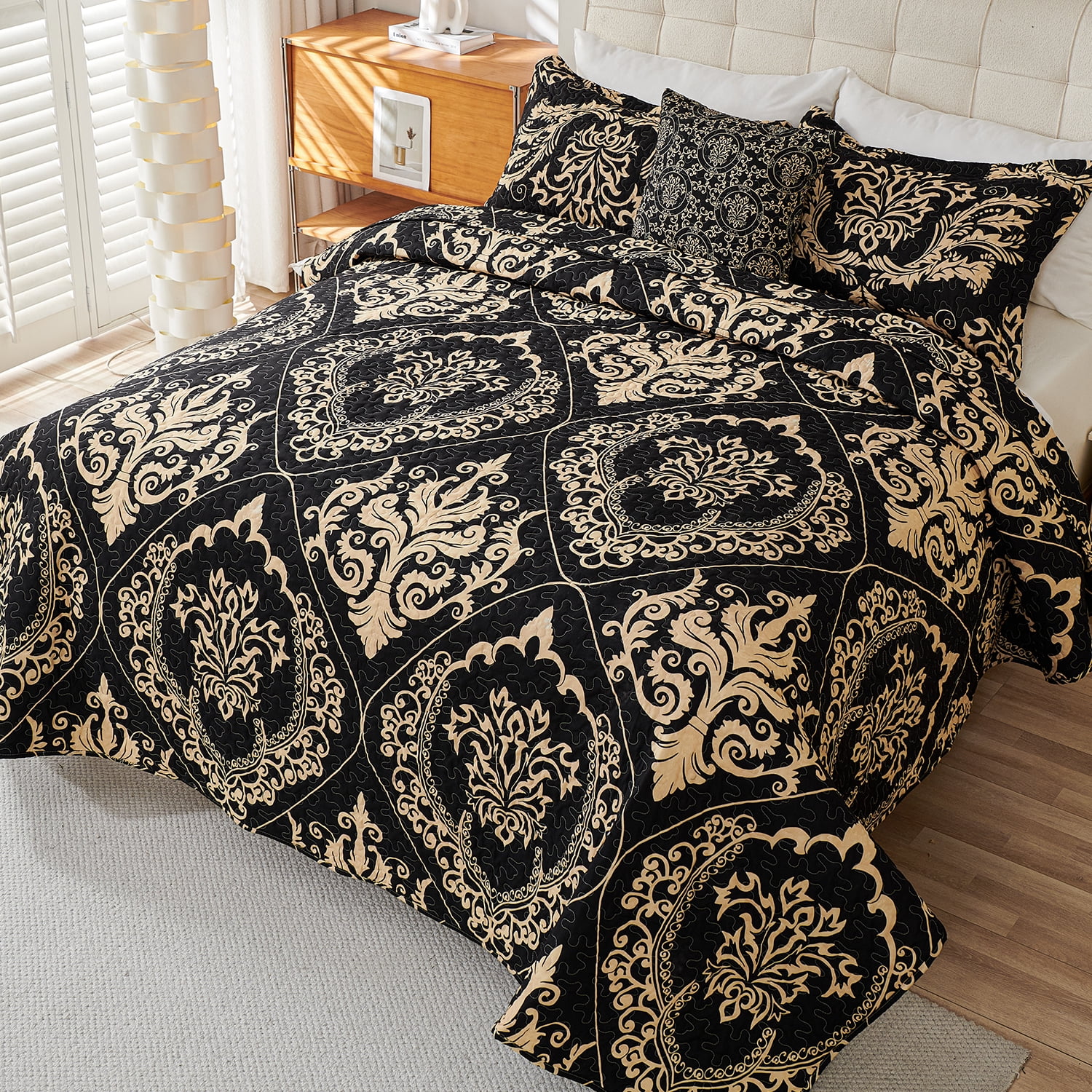 Evenhug Quilt Set 3-Piece Queen Damask Bedding Set Microfiber Floral Quilt Bedding Set With 2 Pillow Shams