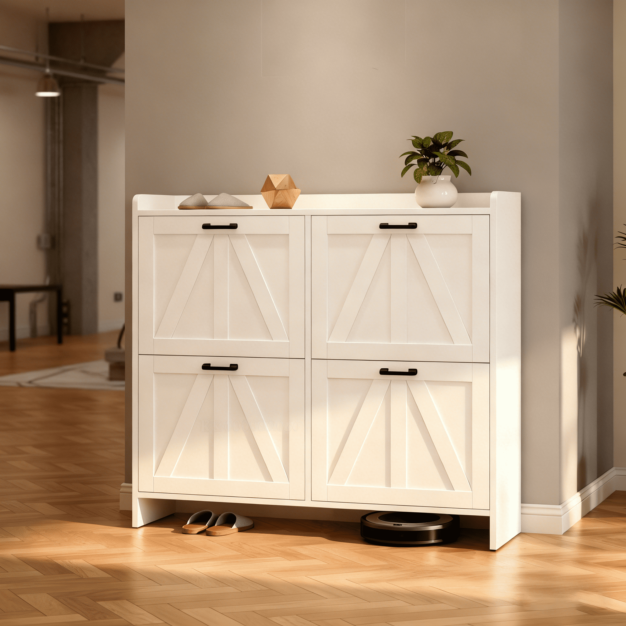 Modern Barn Door Shoe Cabinet with 4 Flip Drawers, Slim Space-Saving Entryway Storage Organizer with Top Open Shelf & 4.3" Bottom Gap for Hallway Living Room