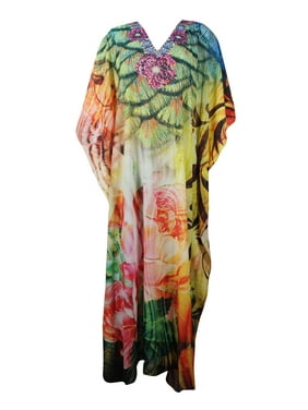 Mogul Women Colorful Maxi Caftan Dress Jewel Print Rhinestone Beach CoverUp V Neck Kaftan One Size