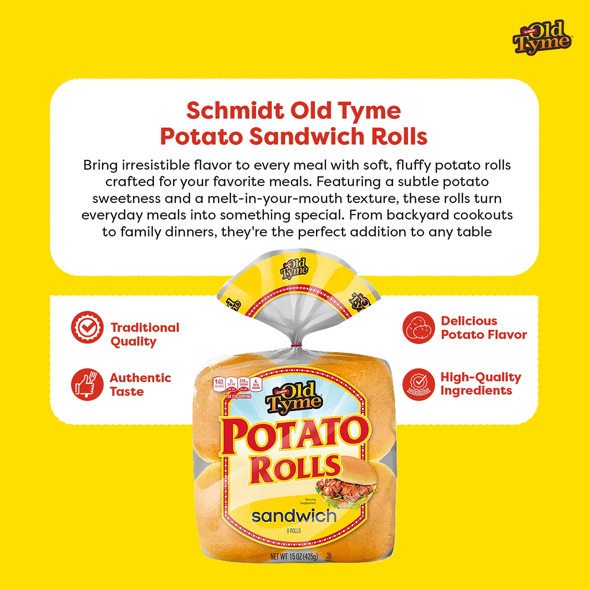 Schmidt Old Tyme Potato Sandwich Rolls, 8 Count, Soft & Fluffy Bread Rolls, 140 Calories per Serving, Perfect for Sandwiches, Light Brown