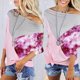 thumbnail image 4 of Camiseta informal holgada de contraste de empalme con estampado de cuello de una línea para mujer, camiseta de manga larga con hombros inclinados/camisa Pompotops FGAJ20315, 4 of 8