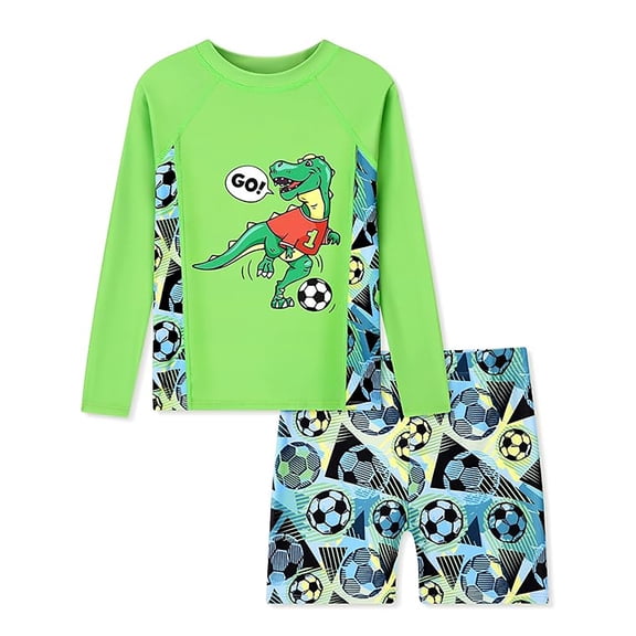 FINALGANG Boys Kids Two Piece Rash Guard Swimsuit With Crew Neck Long Sleeve Dinosaur Graphic Top Soccer Print Shorts Quick Dry Bathing Suit Set Trendy Swimwear