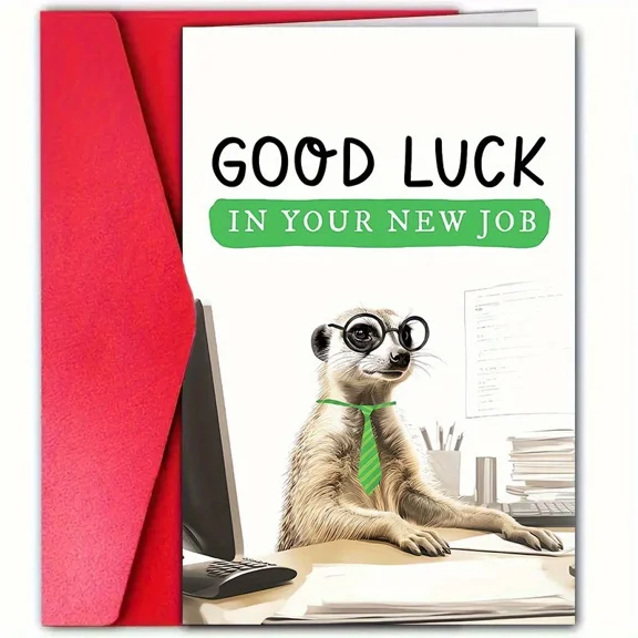 Good Luck Card for New Job – Adorable Meerkat in Glasses Design – Perfect Encouragement Card with Envelope for Friends and Family