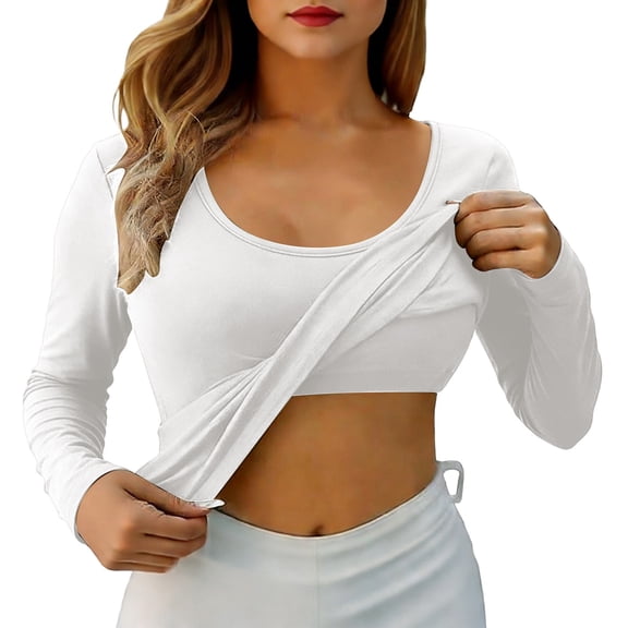 DHFJKG Long Sleeve Shirts For Women Basic Tee With Built In Bra Scoop Neck Slim Fit Lightweight Casual Base Layer T Shirt Solid Color Cozy Tops