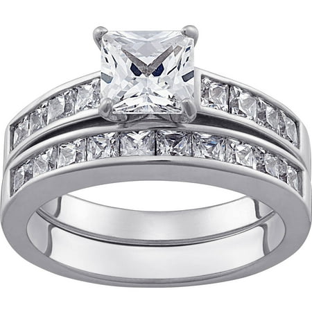 Sterling Silver Square CZ 2-PC Wedding Ring Set