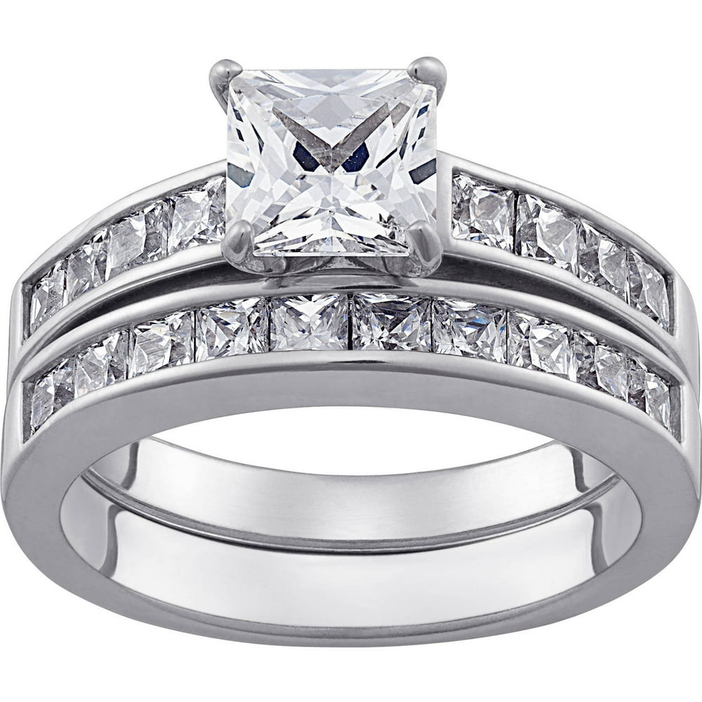 ONLINE Sterling Silver Square CZ 2PC Wedding Ring Set