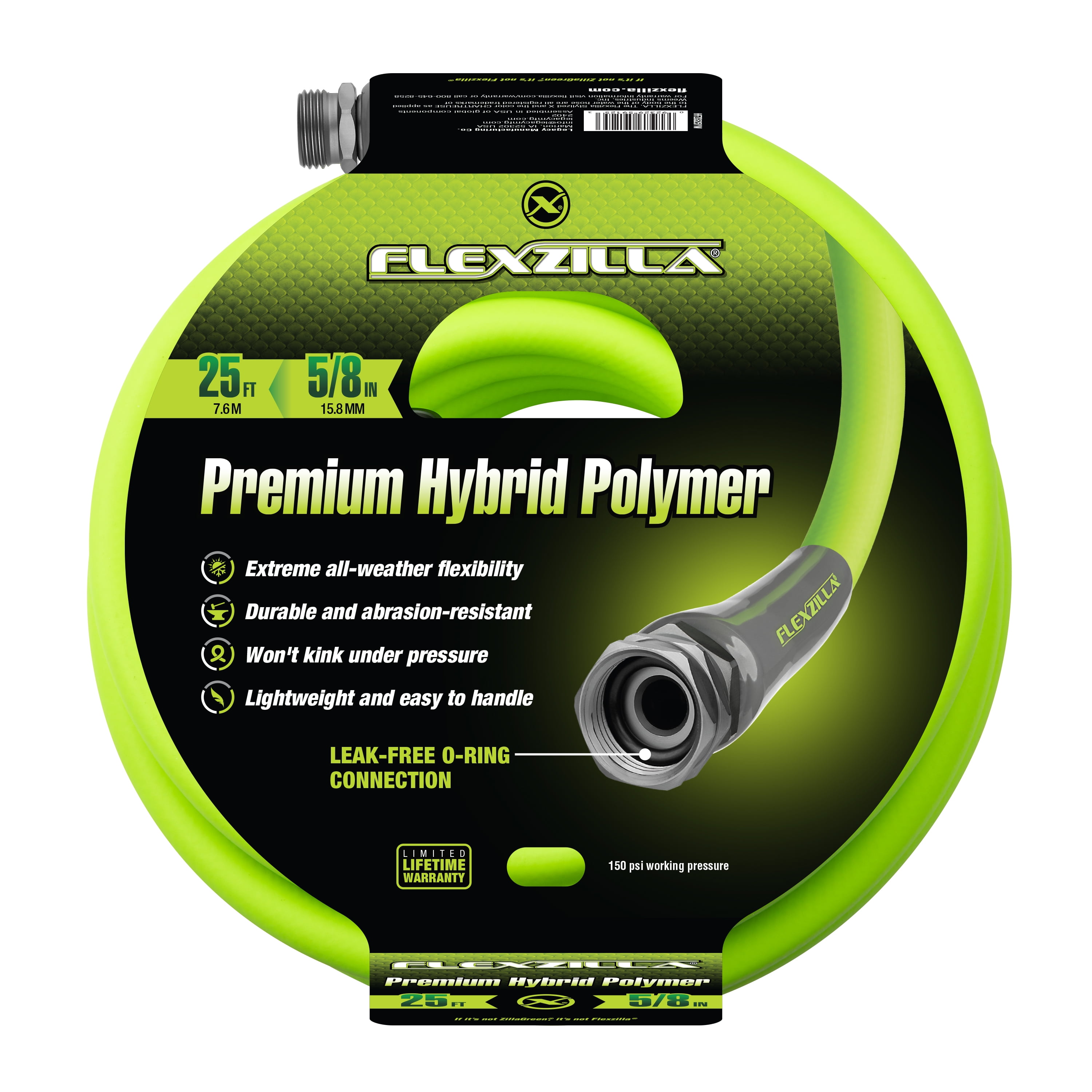 Flexzilla Garden Hose, 5/8" x 25', 3/4" - 11 1/2 GHT Fittings, Flexible Hybrid Polymer, ZillaGreen