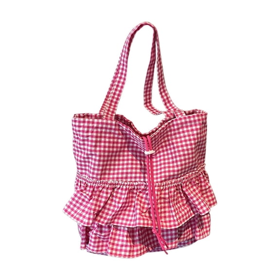 Tanyzvel Double Tier Gingham Ruffle Drawstring Tote Bag for Women
