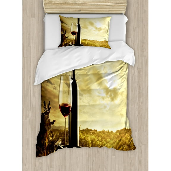 Wine Duvet Cover Set, Red Wine Bottle and Glass on Wooden Cask Dramatic Sky Agriculture, Decorative 2 Piece Bedding Set with 1 Pillow Shams, Twin Size, Pale Coffee Green Black, by Ambesonne