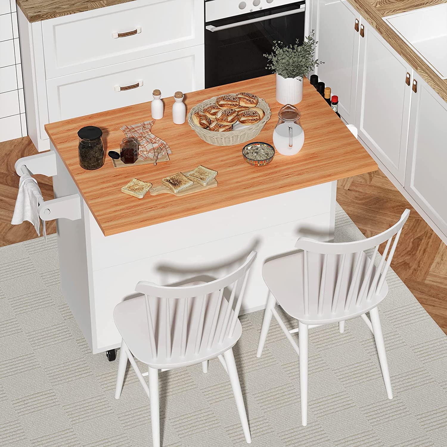 DreamCurship Kitchen Island on Wheels, Drop Leaf Kitchen Island Cart with Storage, Wood Countertop, Lockable Casters, White