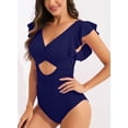 thumbnail image 6 of Cadmus Womens V Neck Ruffled One Piece Swimsuit Tummy Control Cutout Bathing Suits,2390, Blue，Medium, 6 of 6