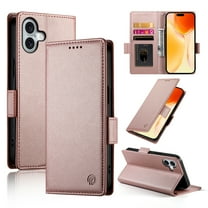 Compatible with iPhone 16 Wallet Case, Classic PU Leather Flip Folio Case with Card Holders Kickstand [Shockproof TPU Inner Shell] Phone Cover for iPhone 16, Rosegold