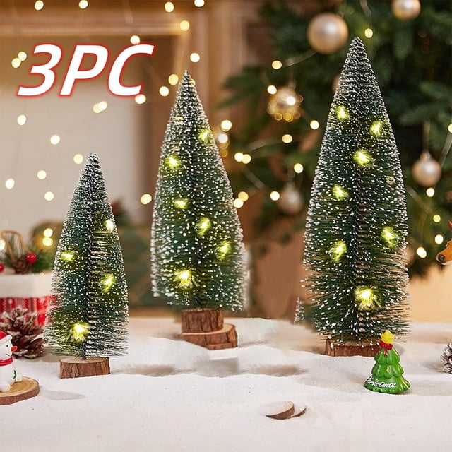 3Pcs Mini Christmas Trees With Wooden Base Artificial Christmas Trees For Village Tabletop Home Room Party Crafts Christmas Decor Indoor With Light