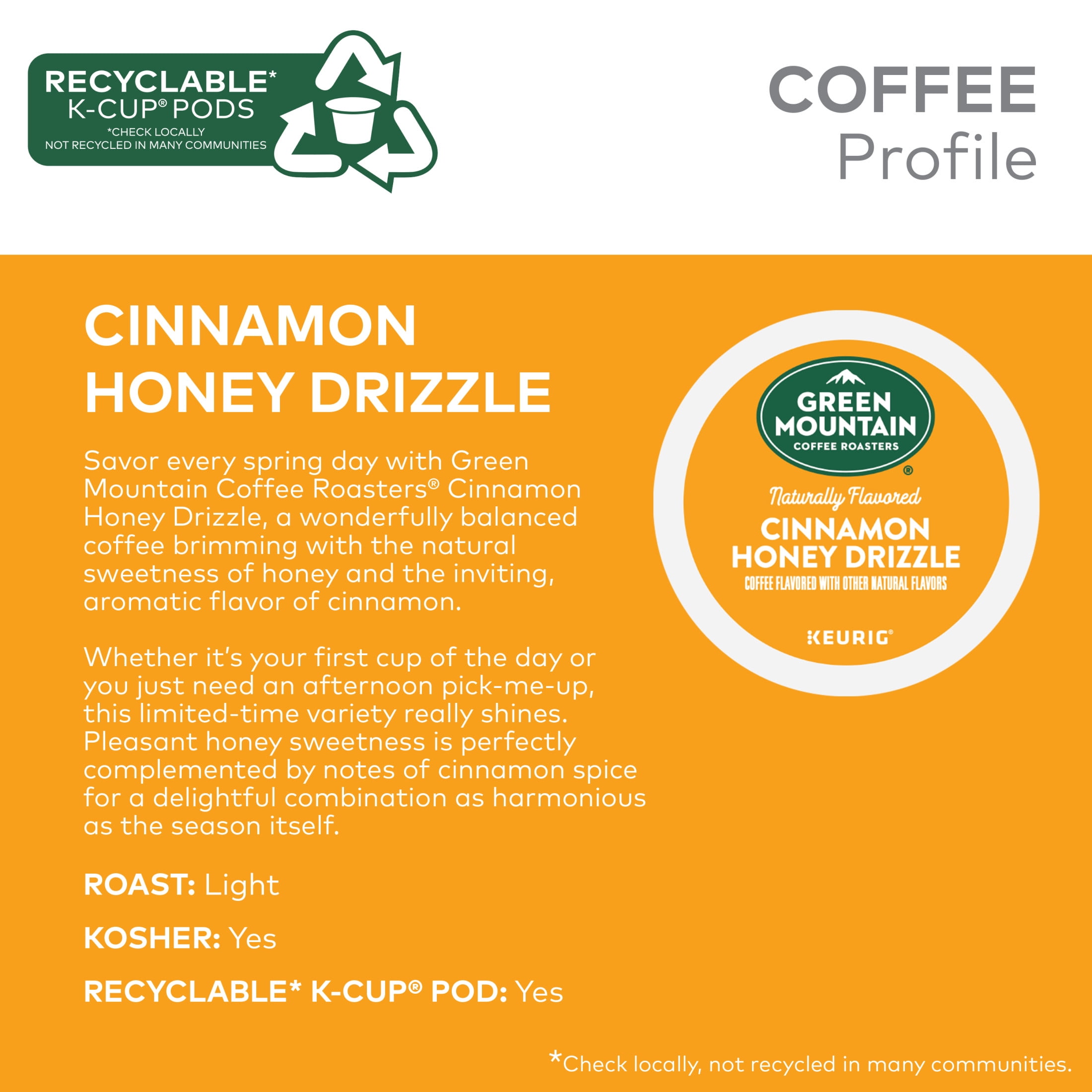 Green Mountain Coffee Roasters, Cinnamon Honey Drizzle Flavored Light Roast K-Cup Coffee Pods, 24 Count