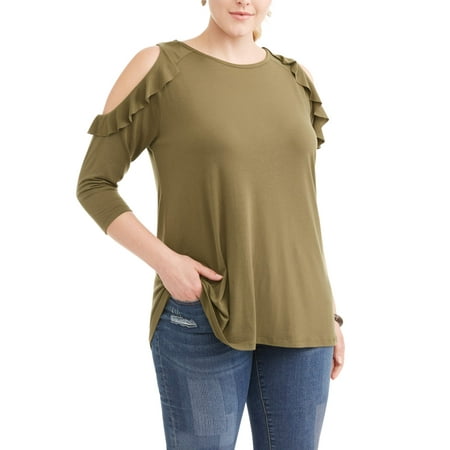 Eye Candy Women's 2/3 Sleeve Ruffle Cold Shoulder Top