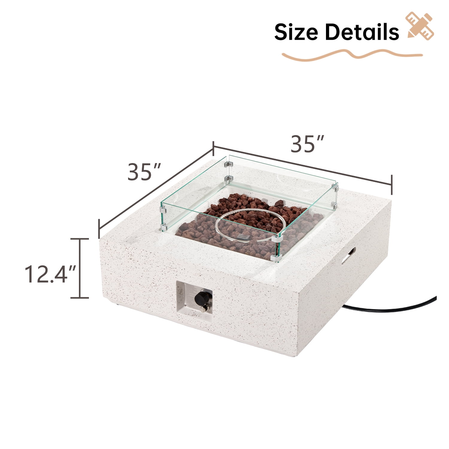 VENTOPYR 35''Outdoor Square Propane Fire Pit Table,Terrazzo White Faux Stone Fire Pit Set with Wind Guard