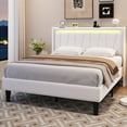 thumbnail image 2 of Amolife Queen Size Bed Frame with Charging Station & LED Light, Velvet Upholstered Platform Bed with Geometric Wingback Headboard, White, 2 of 12