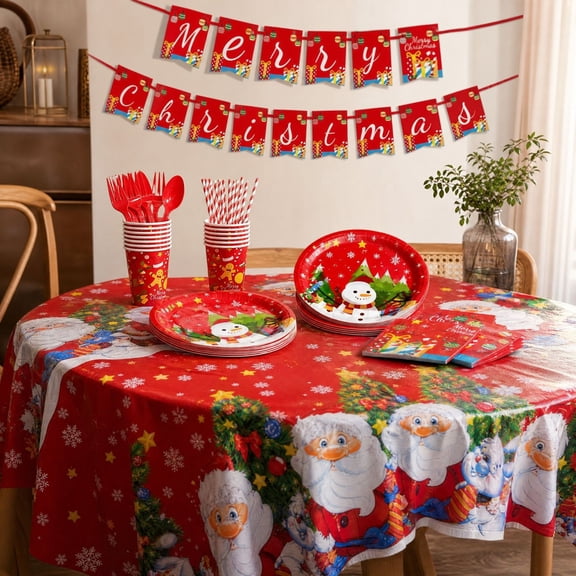 Christmas Disposable Party Supply Set, Holiday Tableware Kit with Banner, Paper Plates, Cups, Napkins, Utensils and Straws for Indoor Gathering, Dinner Table Setup and Seasonal Celebration