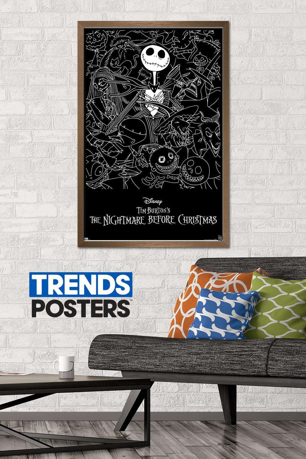 Disney Tim Burton's The Nightmare Before Christmas - Black and White Wall Poster, 22.375" x 34", Framed
