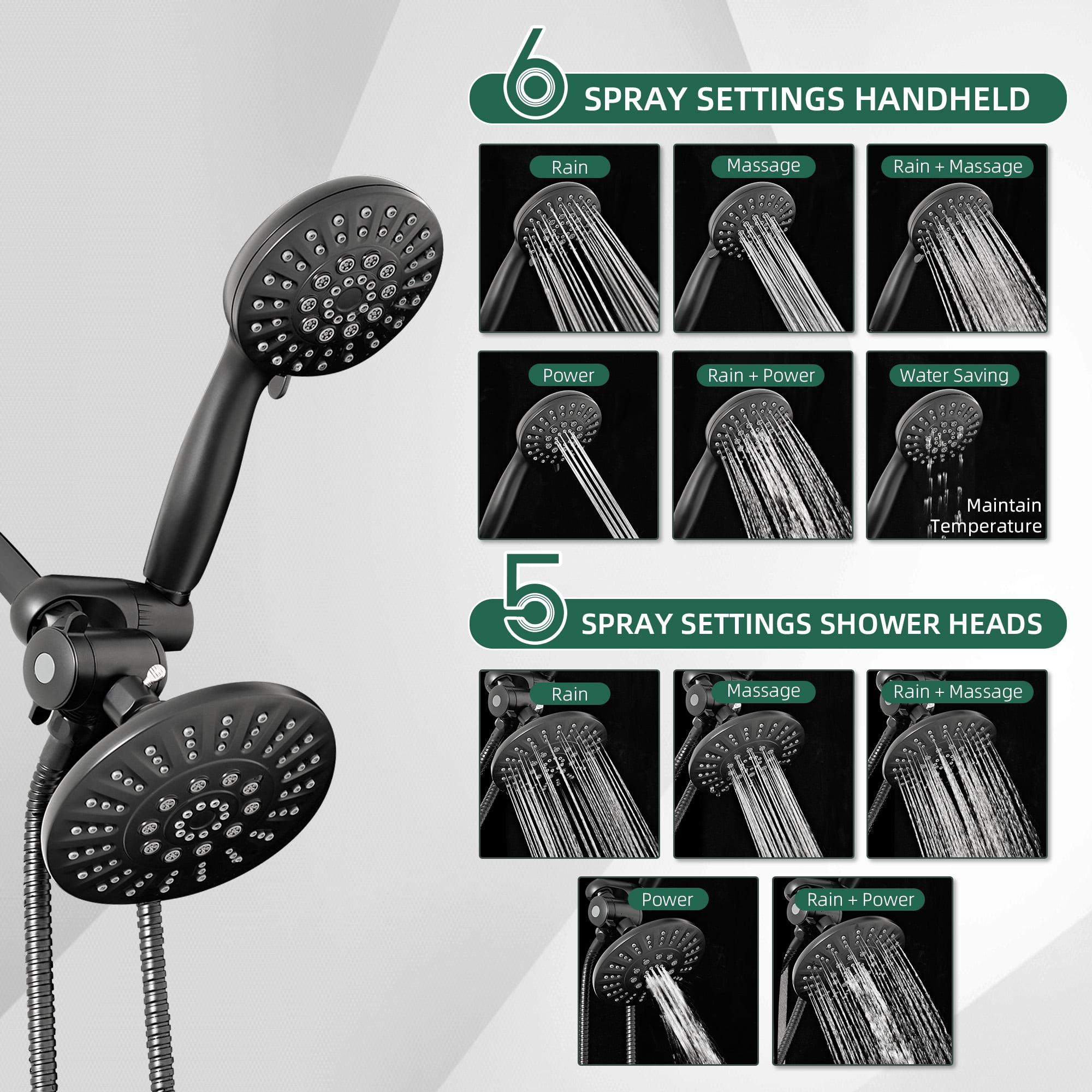 Akicon 2-in-1 Dual Shower Head, 6-Setting High Pressure Rain Shower Head with Handheld Spray, Round Showerhead with Adjustable Angle, Anti-Clog Nozzles for Bathroom, 2.5 GPM Flow Rate