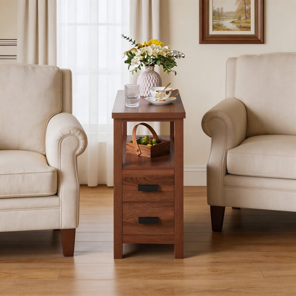 End Table with Charging Station, 2 USB Ports & 2 Outlets, 2-Drawer Nightstand, Small Wood Bedside Table, Rustic Side Table for Bedroom & Office, Walnut