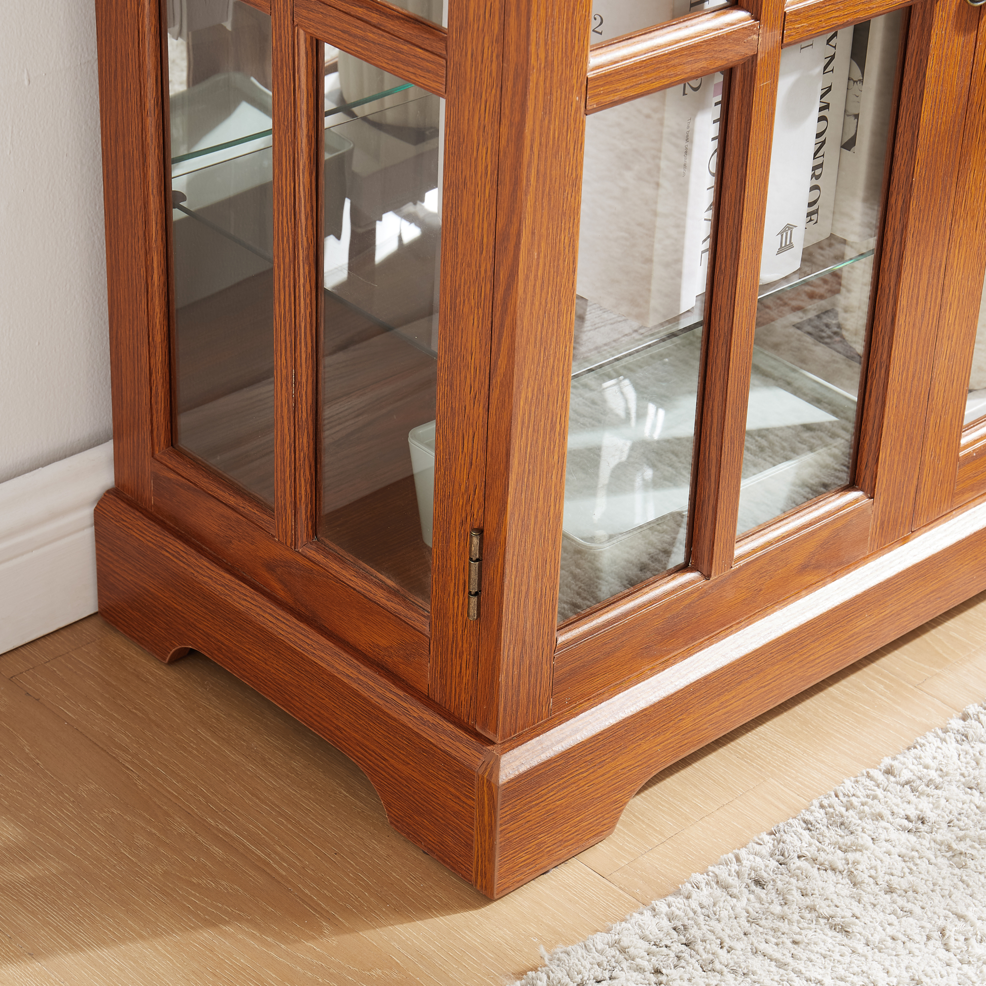 Leumius Curio Display Cabinet,Antique Display Cabinet with Glass Doors Adjustable Shelves for Collectibles Four Door Design Vintage Showcase for Home or Office Oak