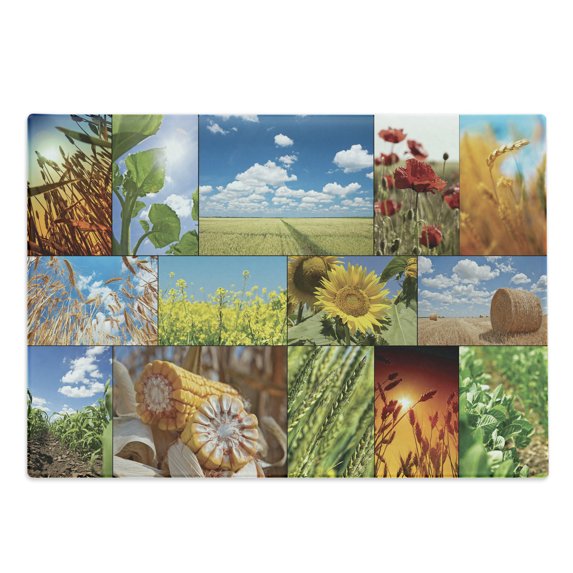 Rustic Cutting Board, Crops Under Sun Sunflower Wheat Field Rustic Farm Theme Idyllic Landscapes Print, Decorative Tempered Glass Cutting and Serving Board, Large Size, Multicolor, by Ambesonne
