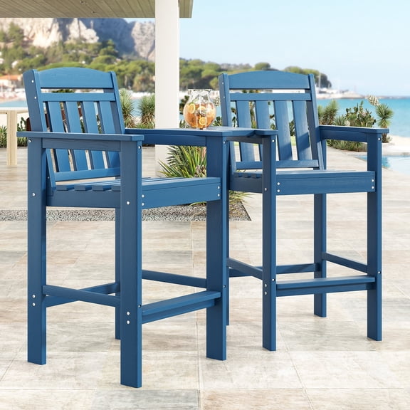 Tall Adirondack Chairs Set of 2, HDPE Bar Height Patio Bar Stools w/ Connecting Tray & Umbrella Hole, All-Weather Outdoor Seating for Poolside, Balcony, Backyard