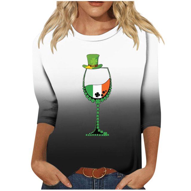 KIHOUT Nouveaux Hauts de la Saint-Patrick pour Femmes, Blouse Dégradée Mode Féminine Verte Imprimée Graphique Col Rond Manches 3/4 T-Shirt Ample, Taille P-3TG