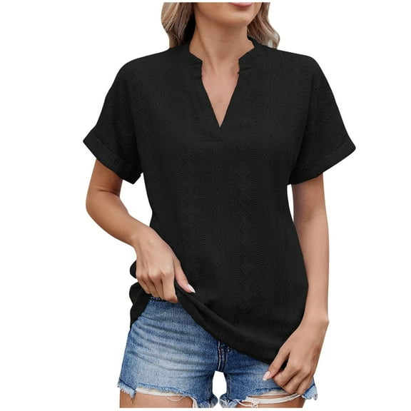 Uaswgudfs Women's Dressy Casual V-Neck Blouse Tee - Loose Fit Short Sleeve with Curved Hem Solid Color Stretch Top