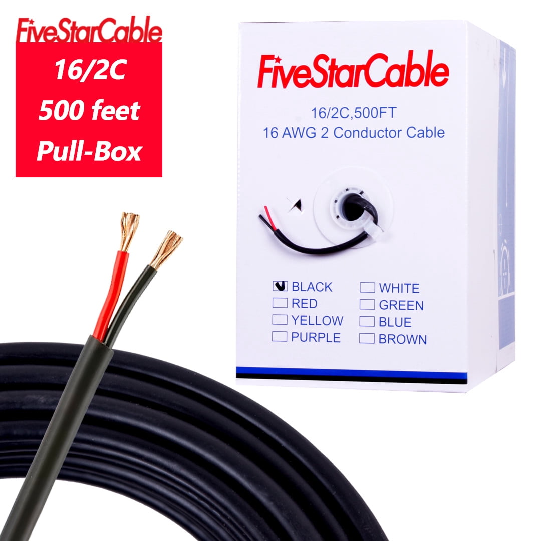 [FiveStarCable] 16-2 Audio Cable 500ft – Black High-Power Speaker Wire for Residential & Commercial Wiring