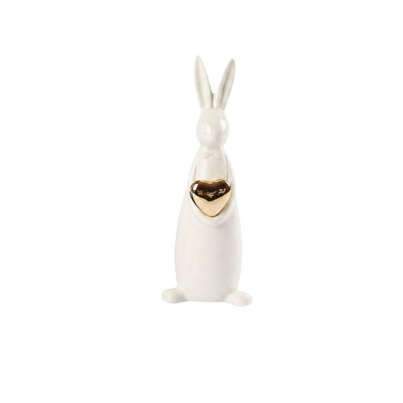 Easter White Resin Bunny Figurine with Gold Heart Accent, Elegant European Style Rabbit Statue, Minimalist Spring Tabletop Decor for Shelf Mantel Living Room Farmhouse Holiday Home Display