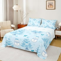 jejeloiu Cute Snowmen Twin Sheet Sets,Christmas Tree Twin Fitted Sheet,Blue Bowtie Bowknot Flat Sheet For Children,Microfiber Bedroom Decor,3pcs