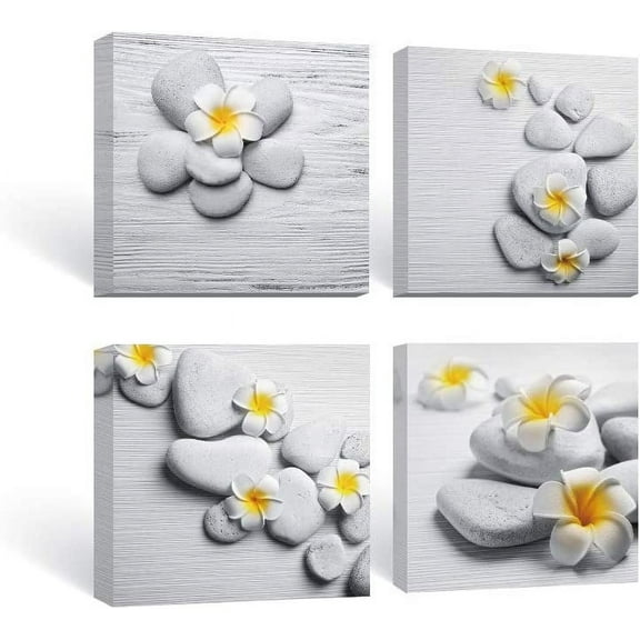Bathroom Decor Wall Art Yellow Gray Pictures Flowers and Pebble Stone Zen Modern Canvas Paintings for Bedroom Living Room 4 Panel 12x12 in