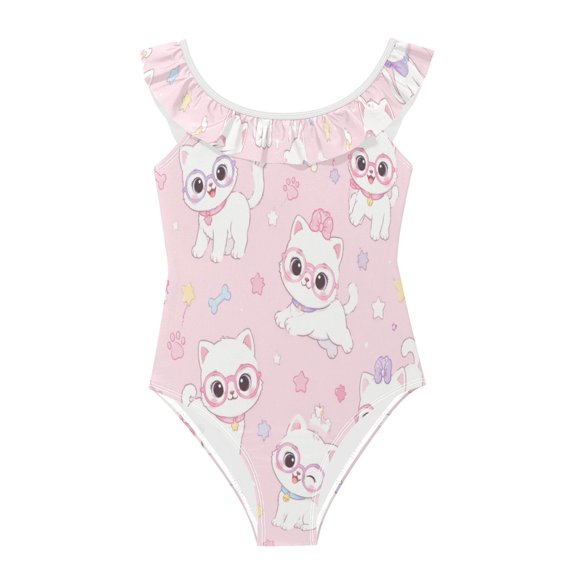 Girls Ruffled One Piece Swimsuit Summer Beach Vacation Swimwear Tank Swimsuit Various Poses White Cat Pattern