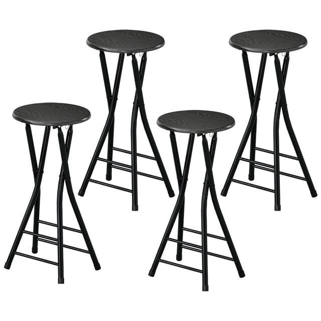 Set of 4 Foldable Barstools, Counter Height Stools with Dual Footrests and Steel Legs, Black MDF and Metal Stools for Kitchen Island, Dining Area, and Small Spaces, 24" H