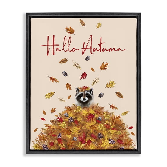 Stupell Industries Hello Autumn Raccoon Animals Painting Black Floater Framed Canvas Art Print Wall Art, 17 x 21