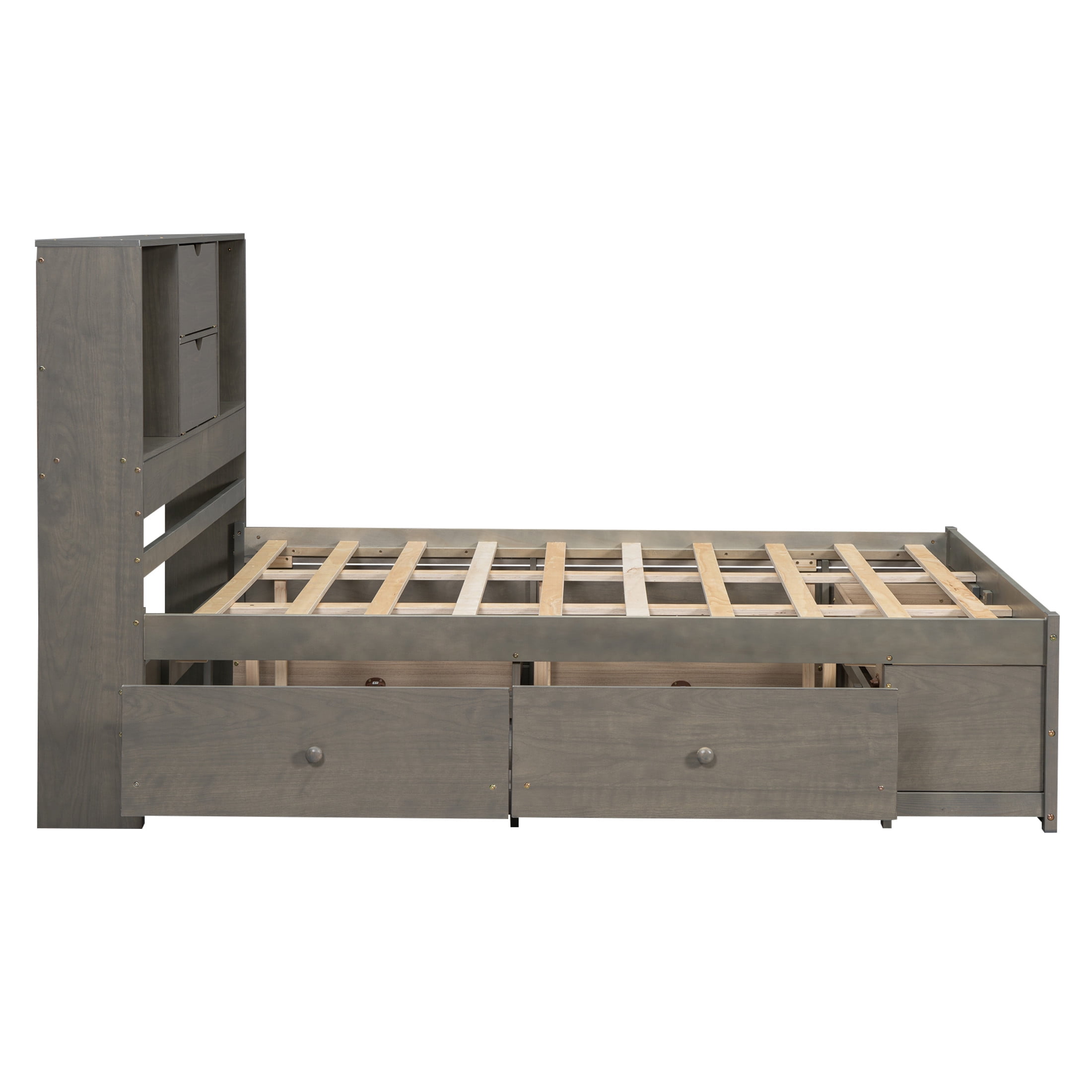 Noble House Solridge Queen Size Platform Bed with Bookcase Headboard and Storage Drawers, Solid Wood Frame, Gray
