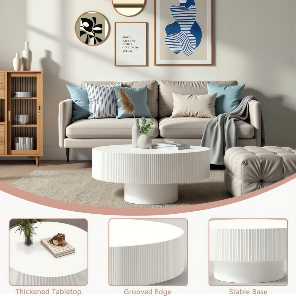Round Fluted Coffee Table, Modern Pedestal Coffee Table for Living Room, Mid Century Modern Side Table, Small Space Accent Table, White