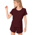 thumbnail image 5 of CPNG Girls 2 Piece Short Set Kids Summer Outfit Soft Solid Color Short Sleeve Crewneck T-shirt Elastic Waist Shorts Sweatsuit Set(Wine,8-9 Years), 5 of 9