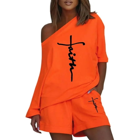 

Rejlun Women Nightwear Slash Neck Loungwear Tops And Shorts Sleepwear Casual Pajamas Baggy Daily Wear Pjs Orange 2XL