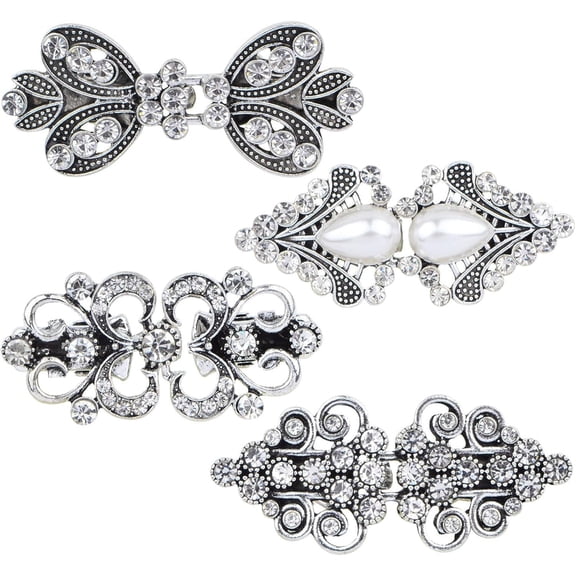 4pcs  Rhinestone Sweater Swirl Clips Vintage Flower Cape Cloak Clips Cardigan Shawl Collar Clasp Dress Shirt Brooch Clips for Women，Antique Silver