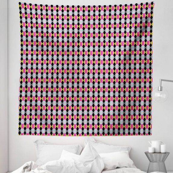 Crazy Colors Tapestry, Geometrical Abstract Shapes Forms Repeated Pattern Illustration, Fabric Wall Hanging Decor for Bedroom Living Room Dorm, 5 Sizes, Grey Pink Yellow Green, by Ambesonne