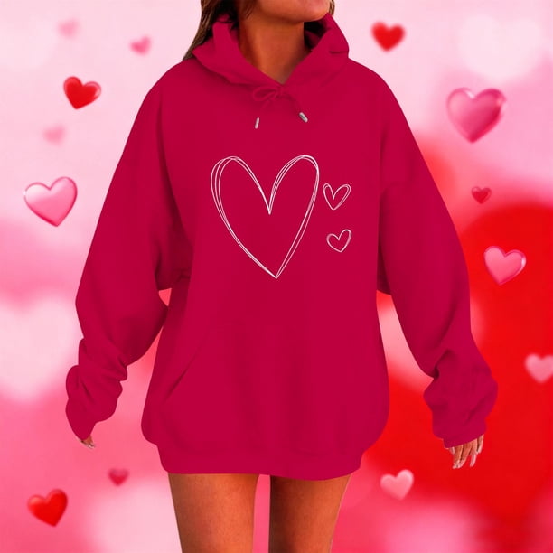 RKSTN Valentine Gift Woem's Valentines Heart Print Hoodies Plus Size Drawstring Hooded Sweatshirt Top Womens Casual Solid Overszied Graphic Printed Loose Comfy Hood Fall Spring Clothes