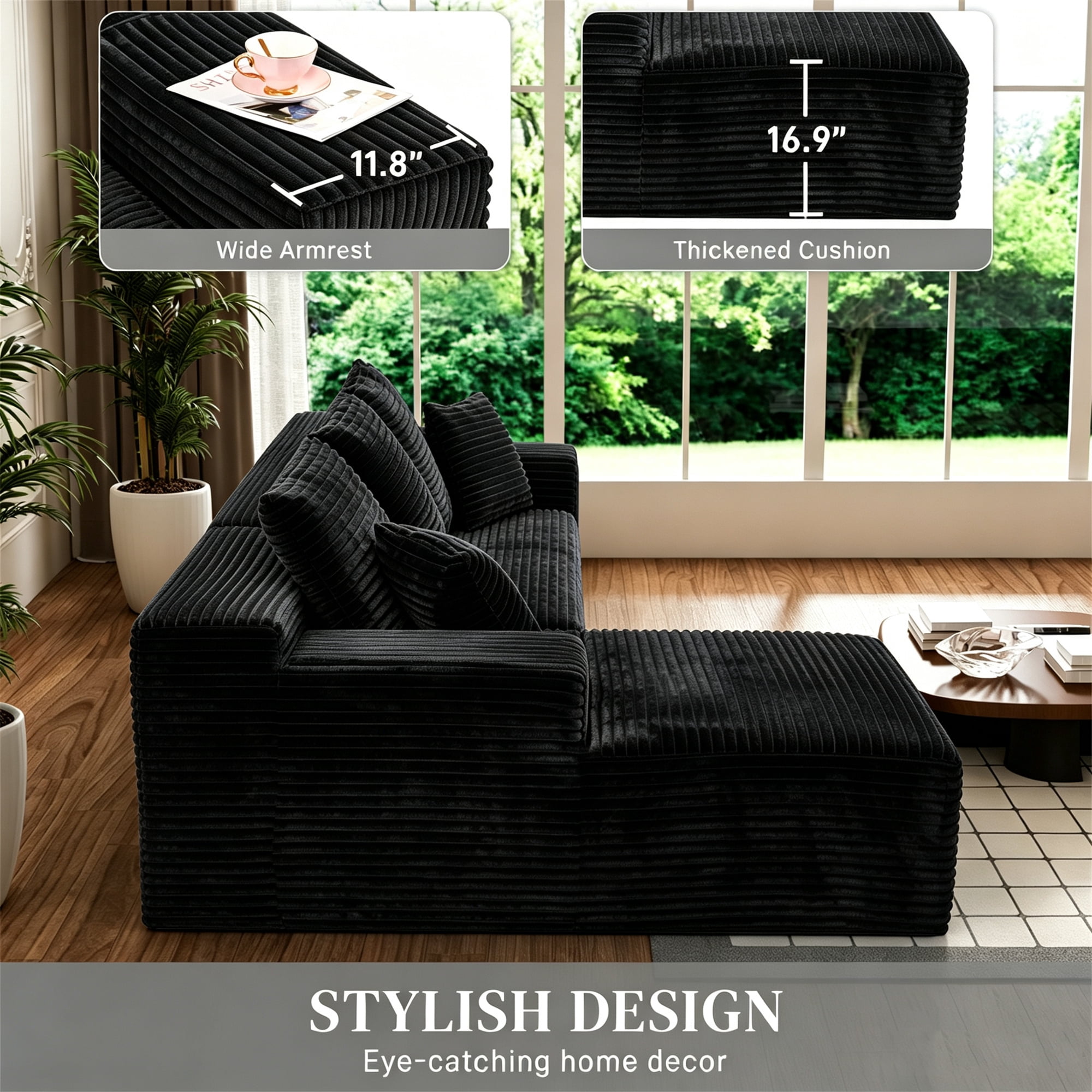 Aukfa 108" Cloud Sectional Sofa Deep Seat Boneless Couch Modular L-Shaped Couch, Rihgt Chaise Corduroy Sofa for Living Room, Black