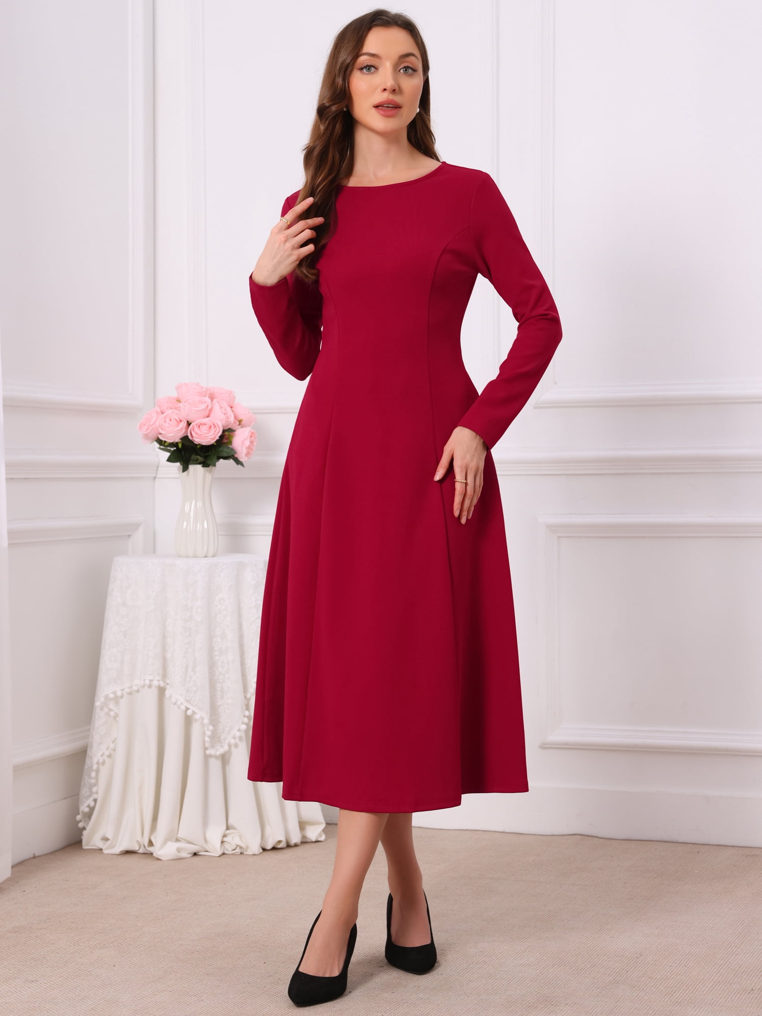 DARING DIVA Women's Long Sleeve Formal Crewneck A-Line Maxi Dress 2XL Burgundy